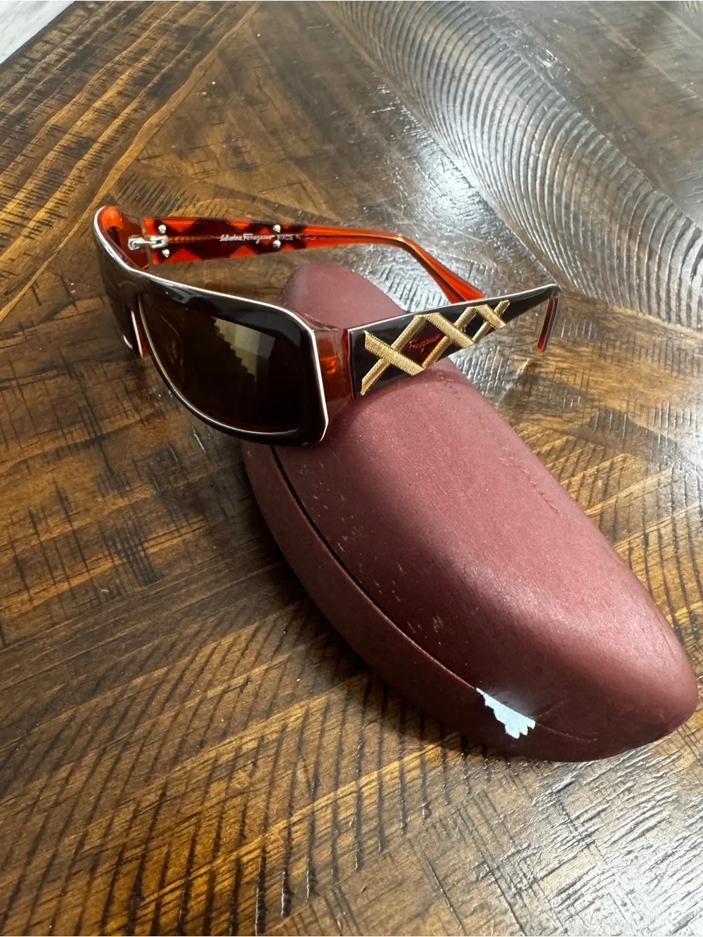 Salvatore Ferragamo Brown Sunglasses with Orange Temple Accents